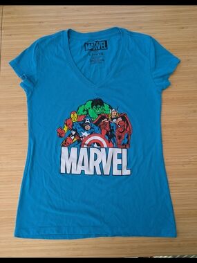 Marvel Women's Blue V-Neck Graphic Tee